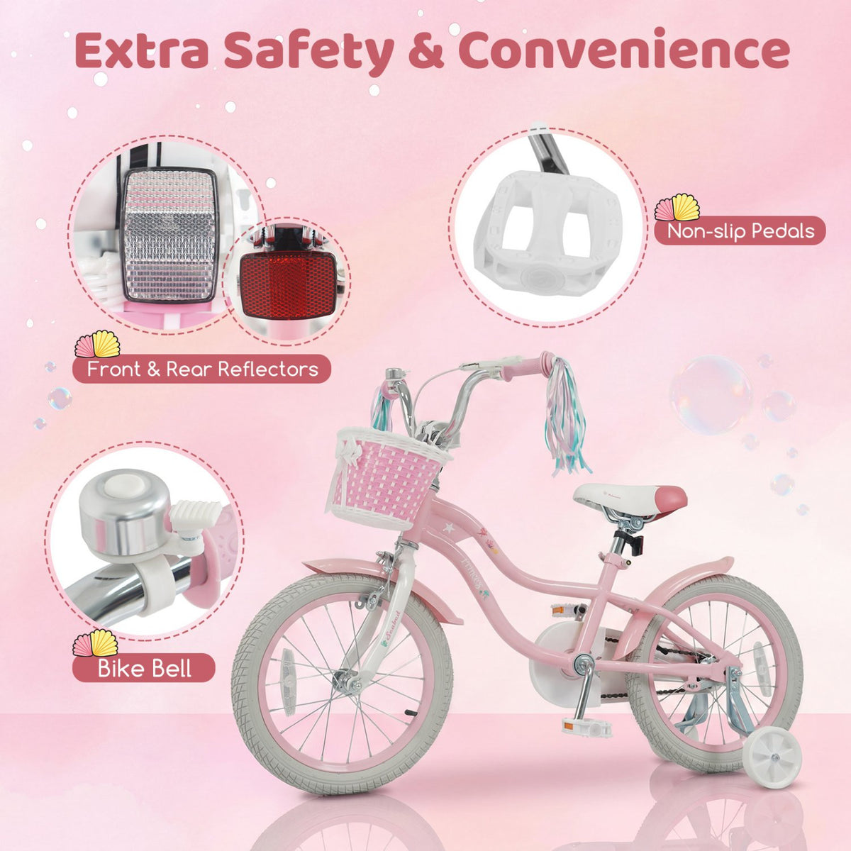 16 Inch Kids Bike Adjustable with Basket and Streamers for Girls Aged 4-7 Years Old Pink view 8