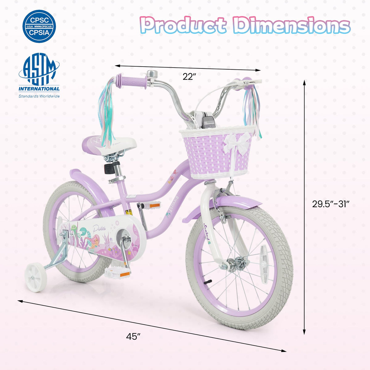 16 Inch Kids Bike Adjustable with Basket and Streamers Purple - Princess of the Sea Theme view 3