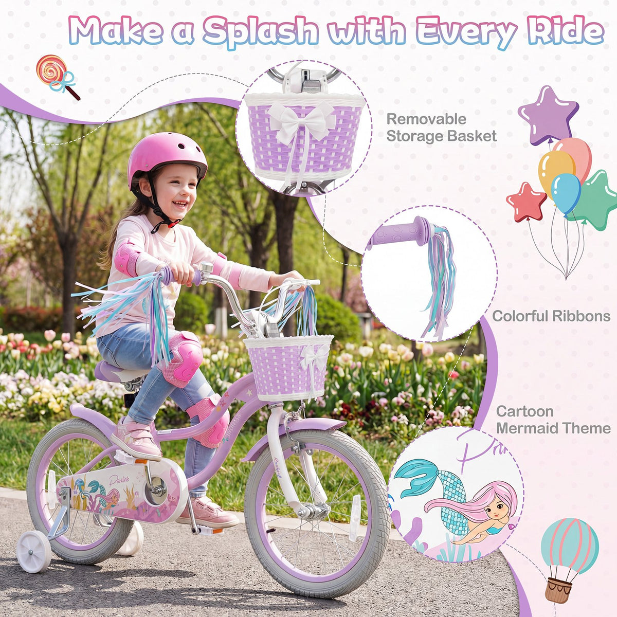 16 Inch Kids Bike Adjustable with Basket and Streamers Purple - Princess of the Sea Theme view 5