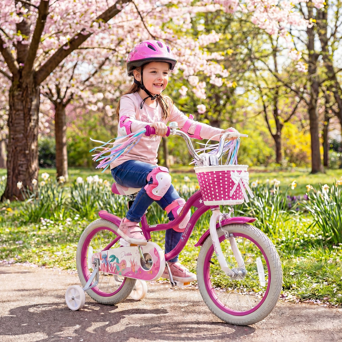 16-Inch Kids Bike Adjustable with Basket and Streamers Rose Red - Princess of the Sea Theme view 3