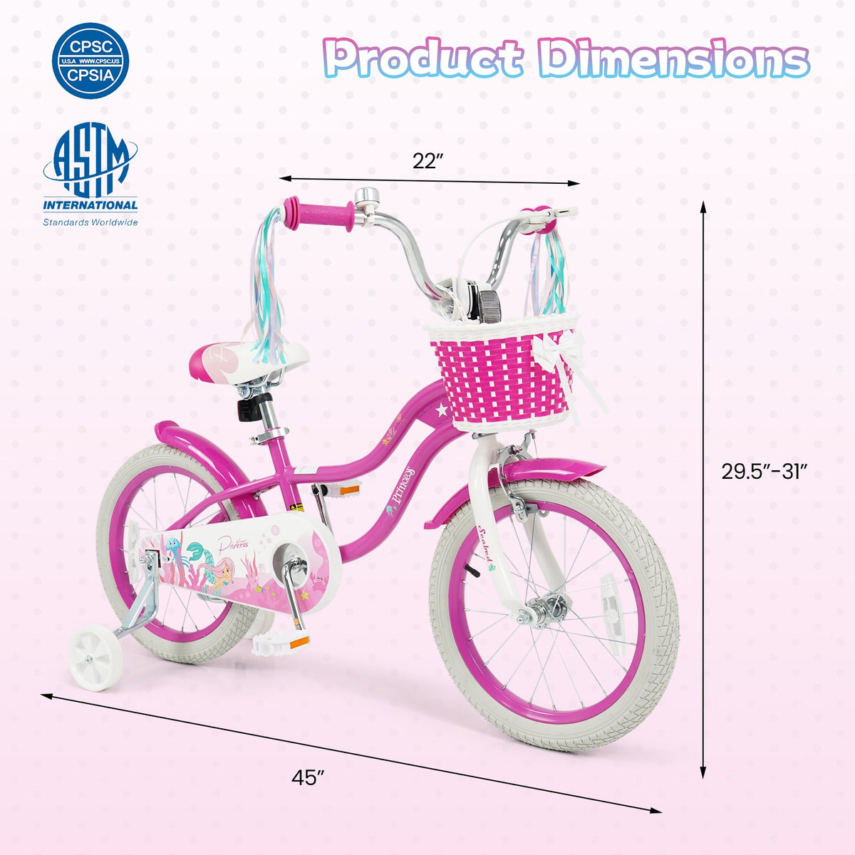 16-Inch Kids Bike Adjustable with Basket and Streamers Rose Red - Princess of the Sea Theme view 4