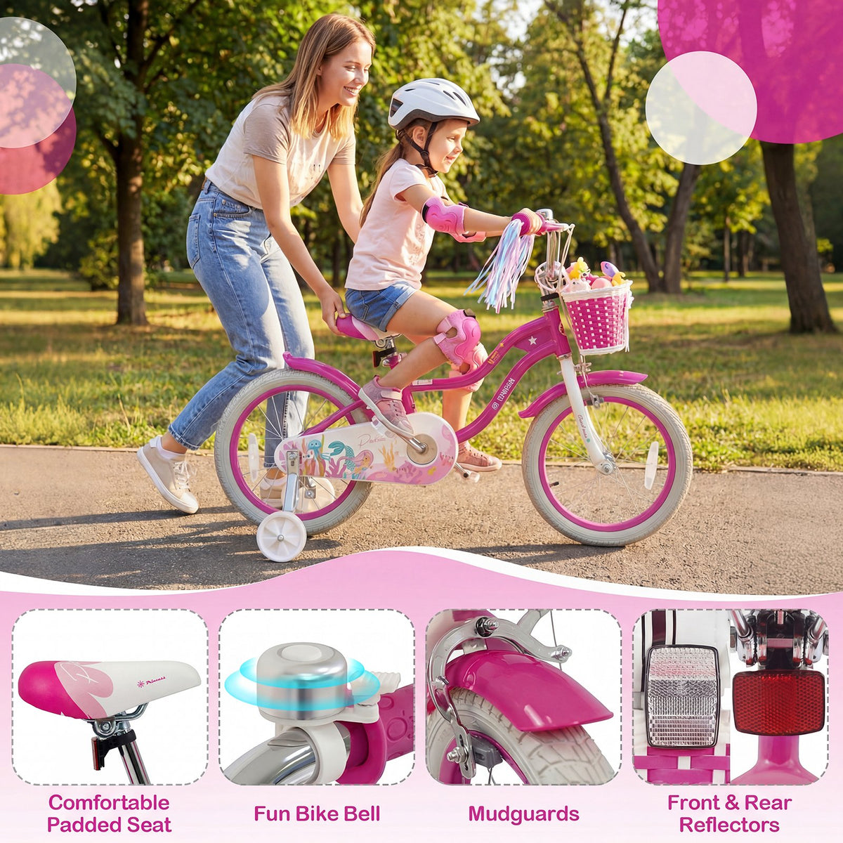 16-Inch Kids Bike Adjustable with Basket and Streamers Rose Red - Princess of the Sea Theme view 8