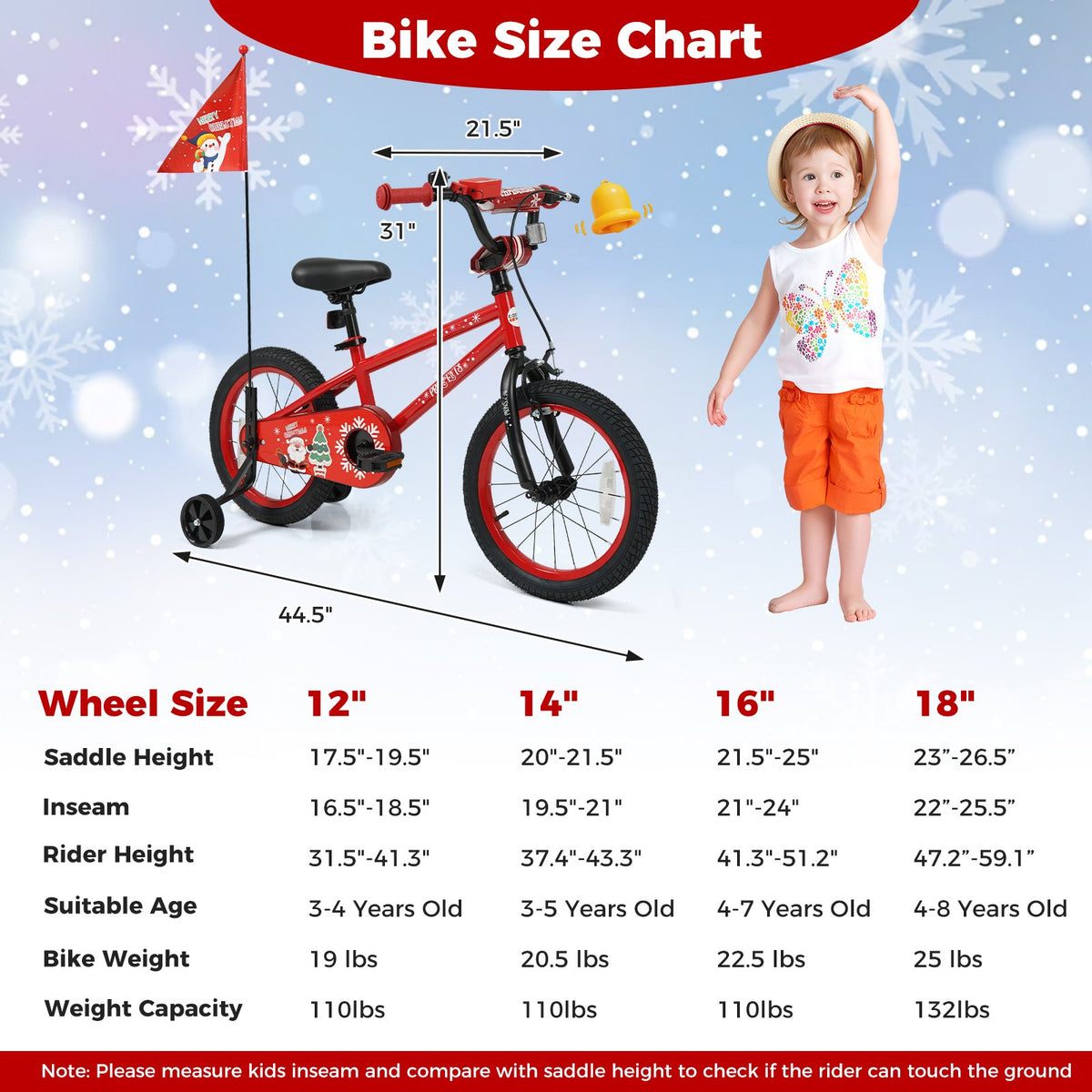 16 Inch Kids Bike Adjustable with Christmas Music & Flag for Aged 4-7 Years Old view 3