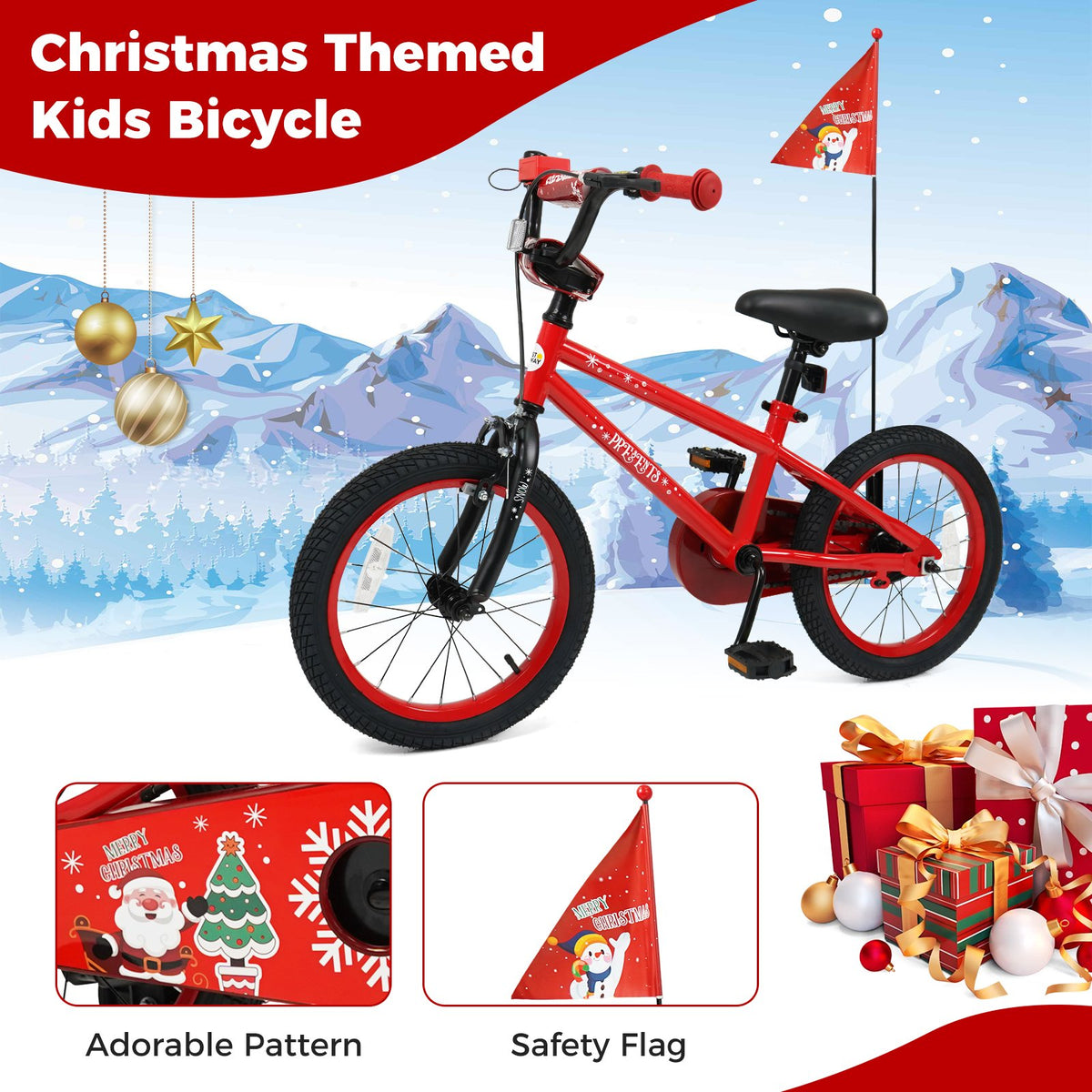 16 Inch Kids Bike Adjustable with Christmas Music & Flag for Aged 4-7 Years Old view 9