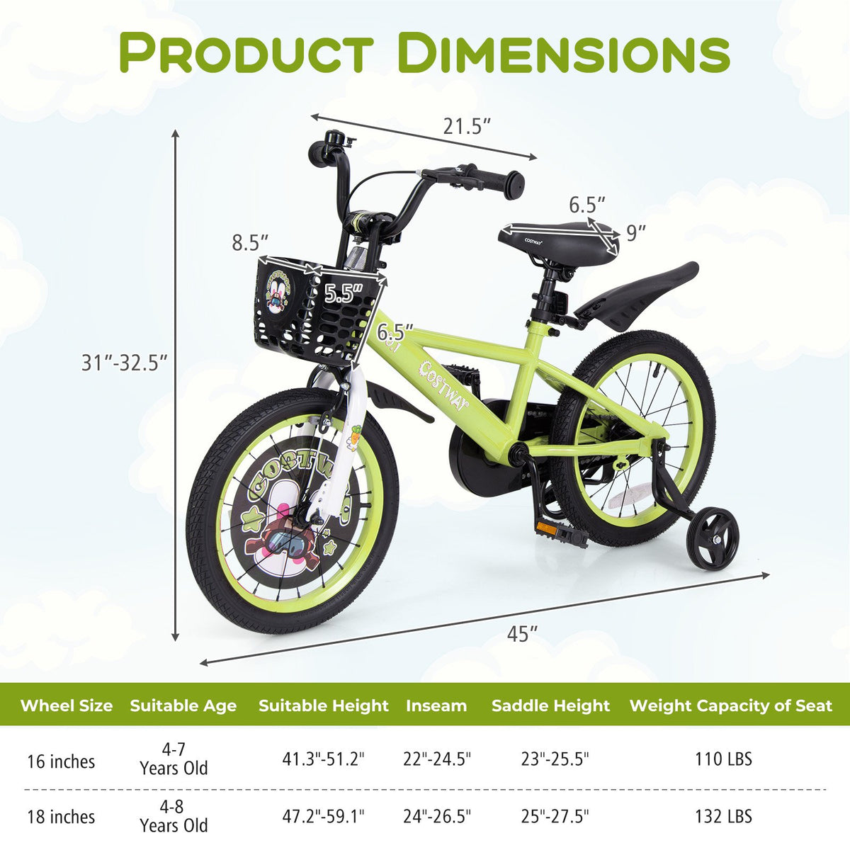 16 Inch Kids Bike Adjustable with Detachable Training Wheels for 4-8 Years Old-16 inches view 4