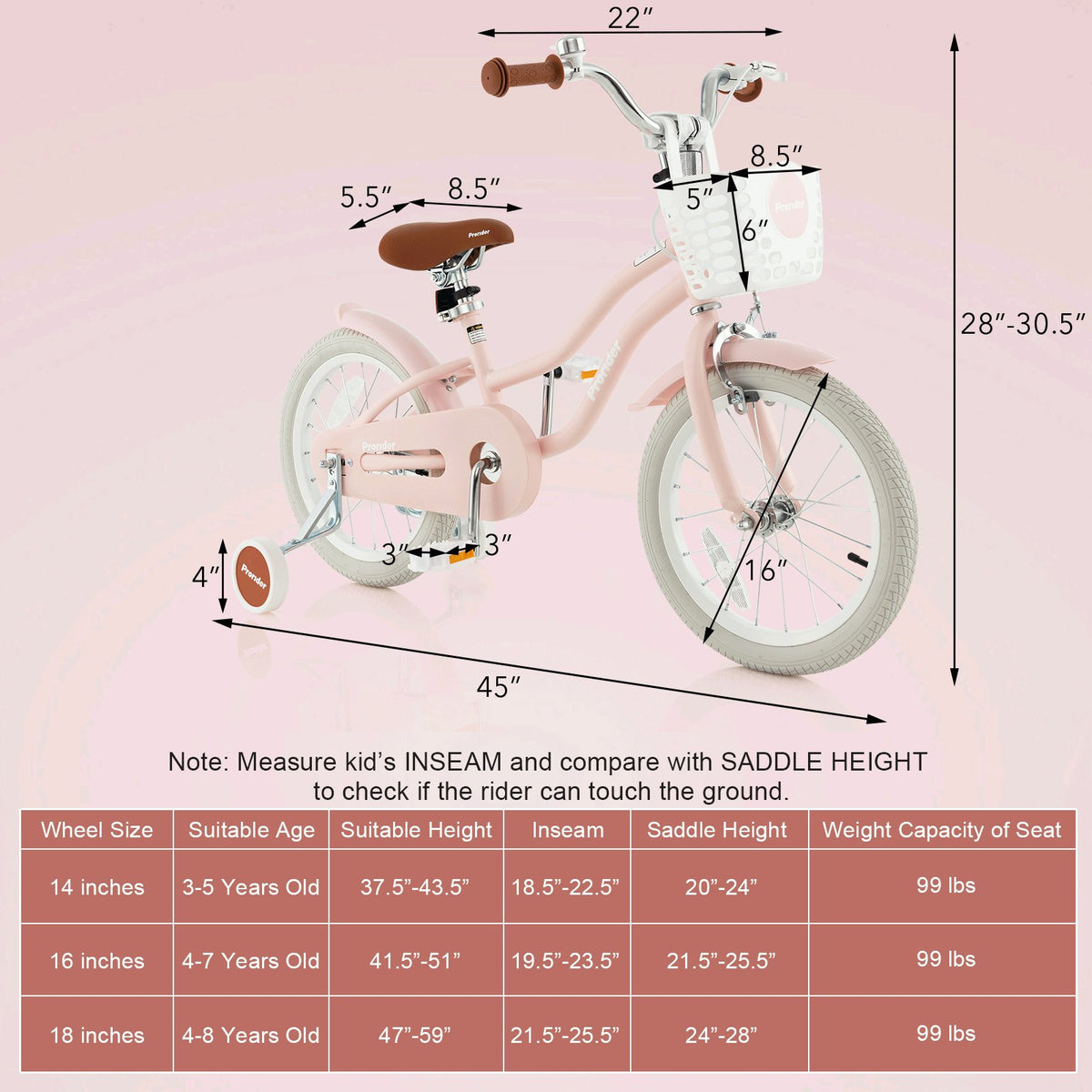 16 Inch Kids Bike with Front Handbrake and 2 Training Wheels-Pink view 3