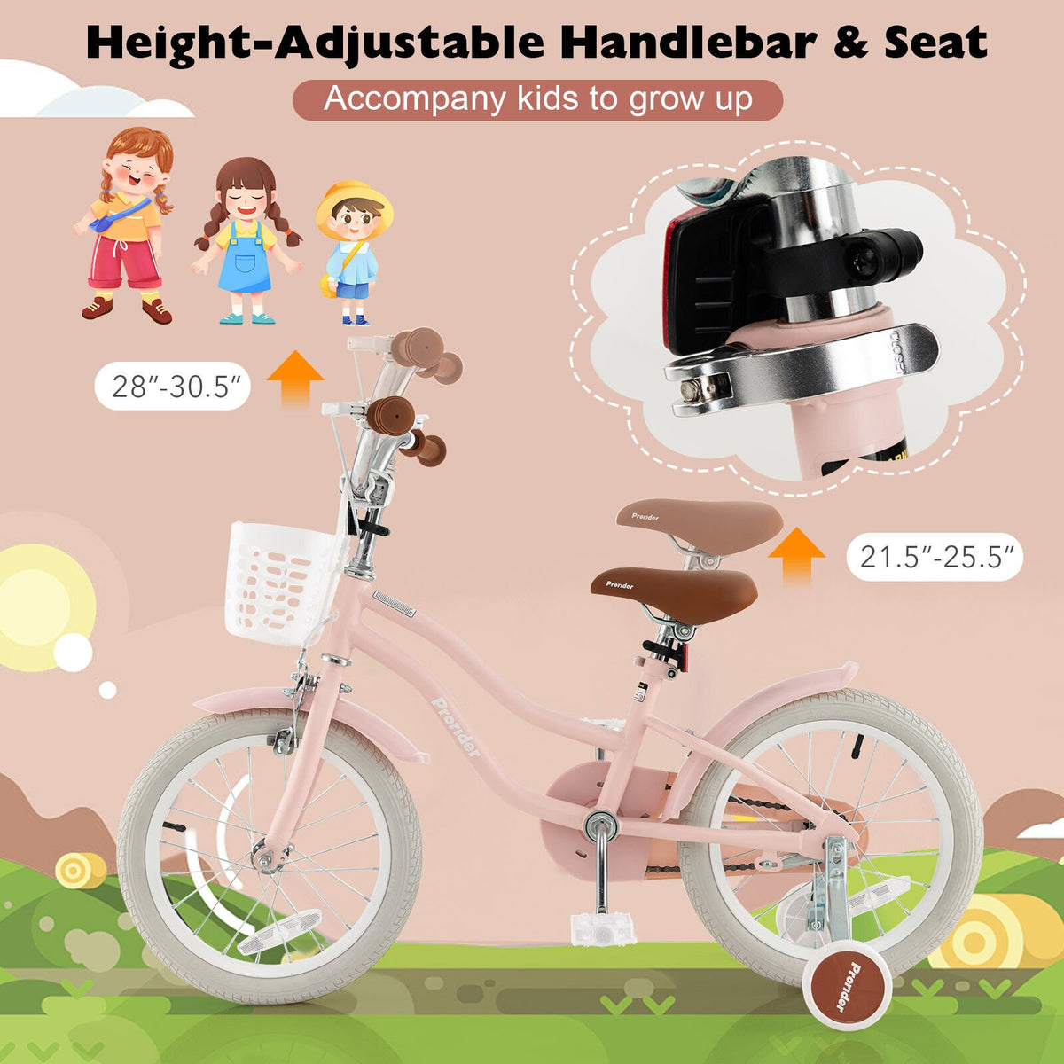16 Inch Kids Bike with Front Handbrake and 2 Training Wheels-Pink view 7