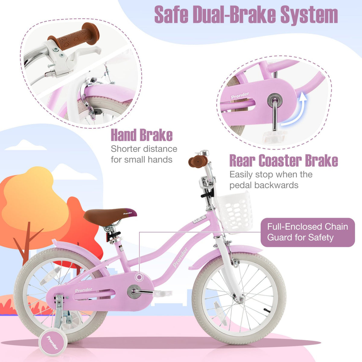 16 Inch Kids Bike with Front Handbrake and 2 Training Wheels-Purple view 4