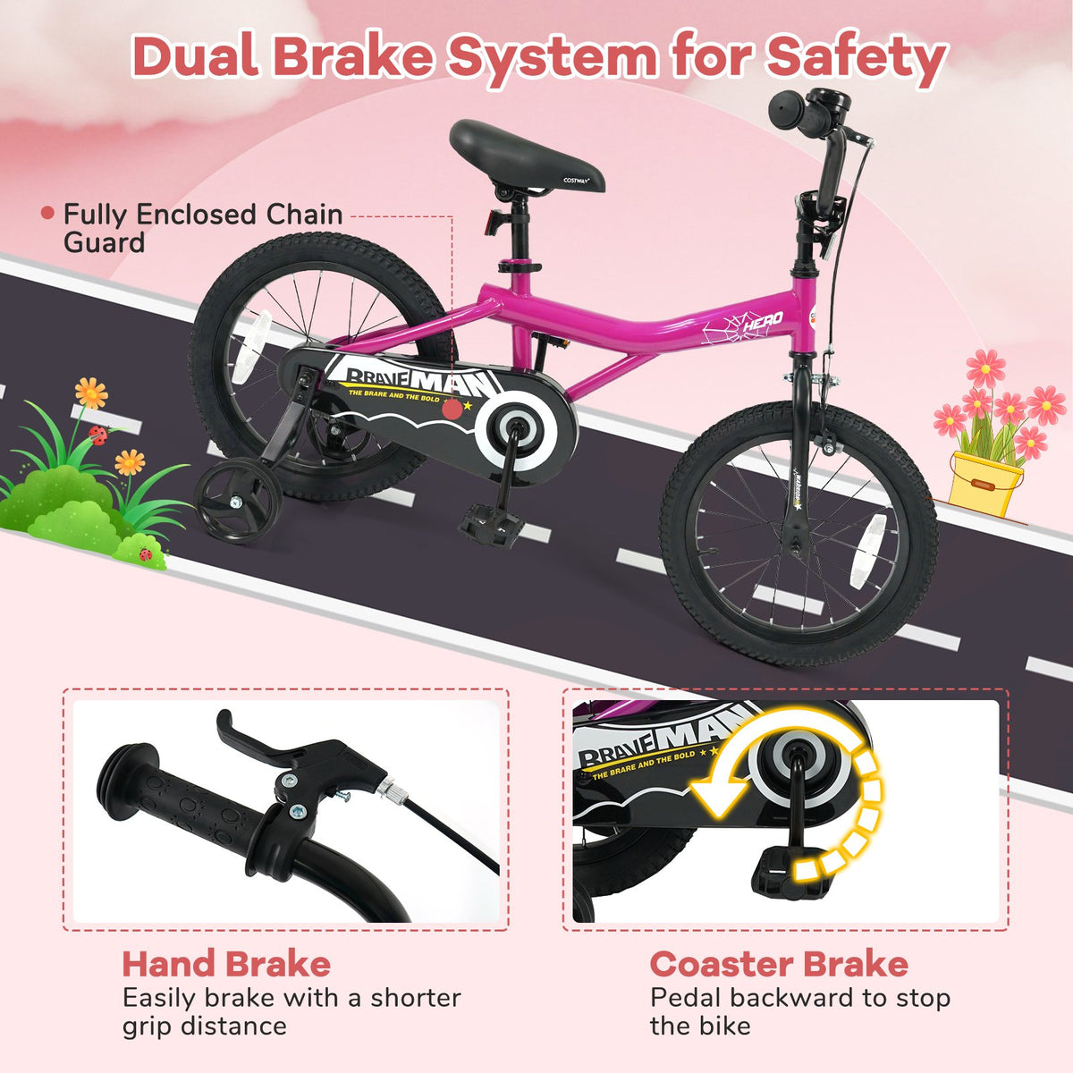 16-Inch Kids Bike with Removable Training Wheels Pink-Brave Hero view 7