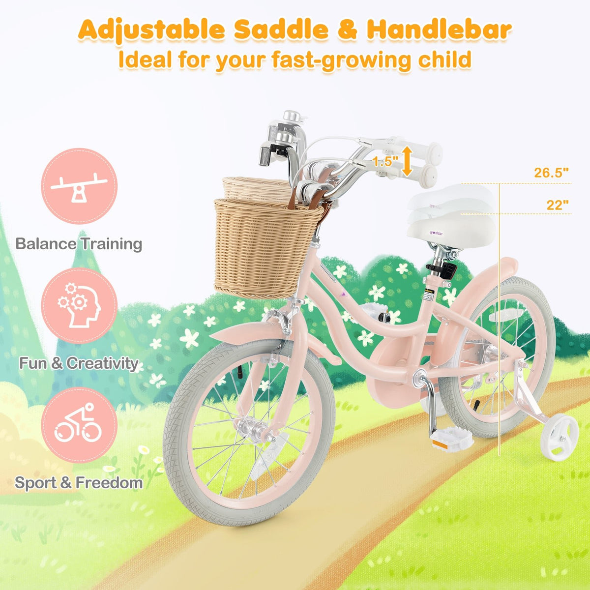 16-Inch Kids Bike with Training Wheels and Adjustable Handlebar Seat-Pink view 6