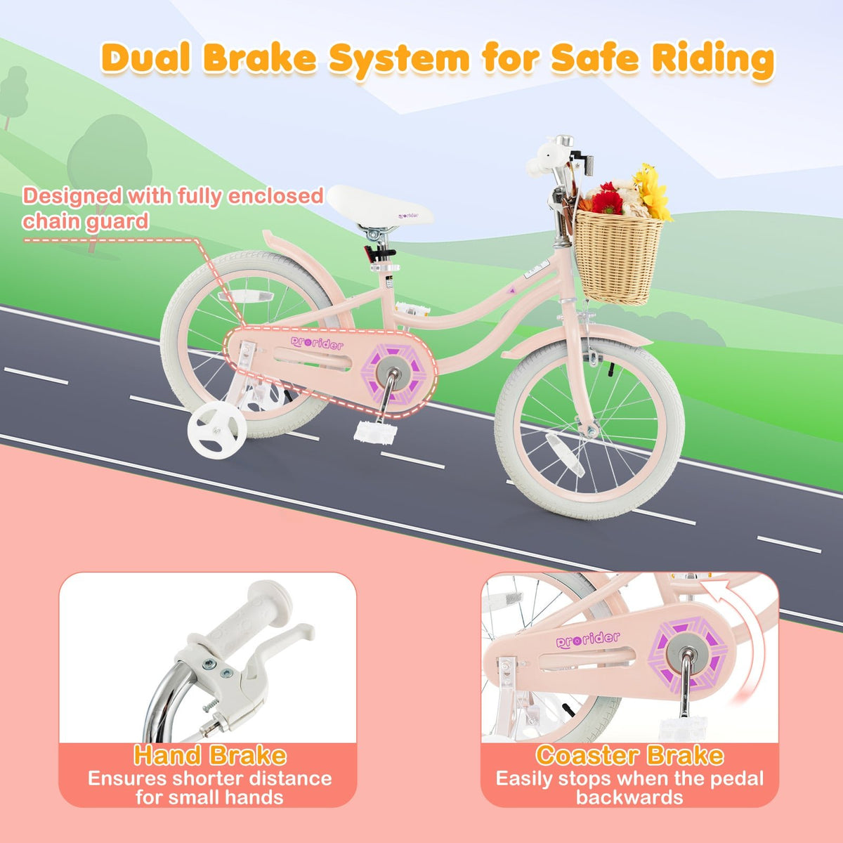16-Inch Kids Bike with Training Wheels and Adjustable Handlebar Seat-Pink view 7