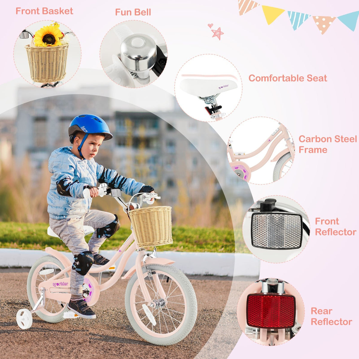 16-Inch Kids Bike with Training Wheels and Adjustable Handlebar Seat-Pink view 8