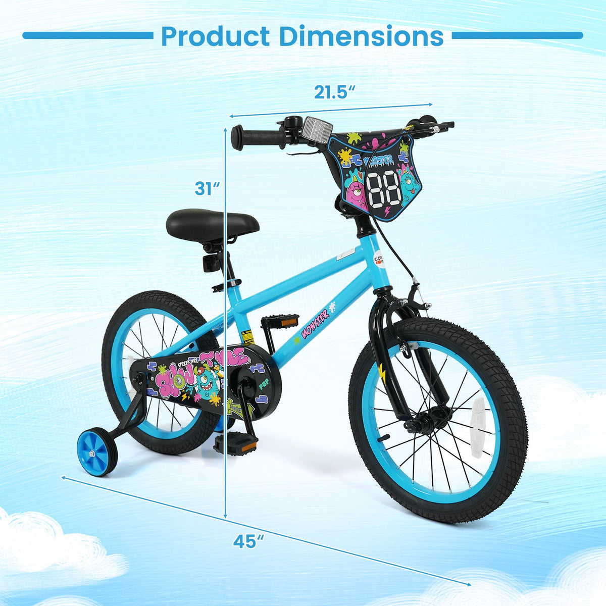 16 Inch Kids Bike with Training Wheels for Ages 4-7 Years Old Blue- Street Art Time view 4