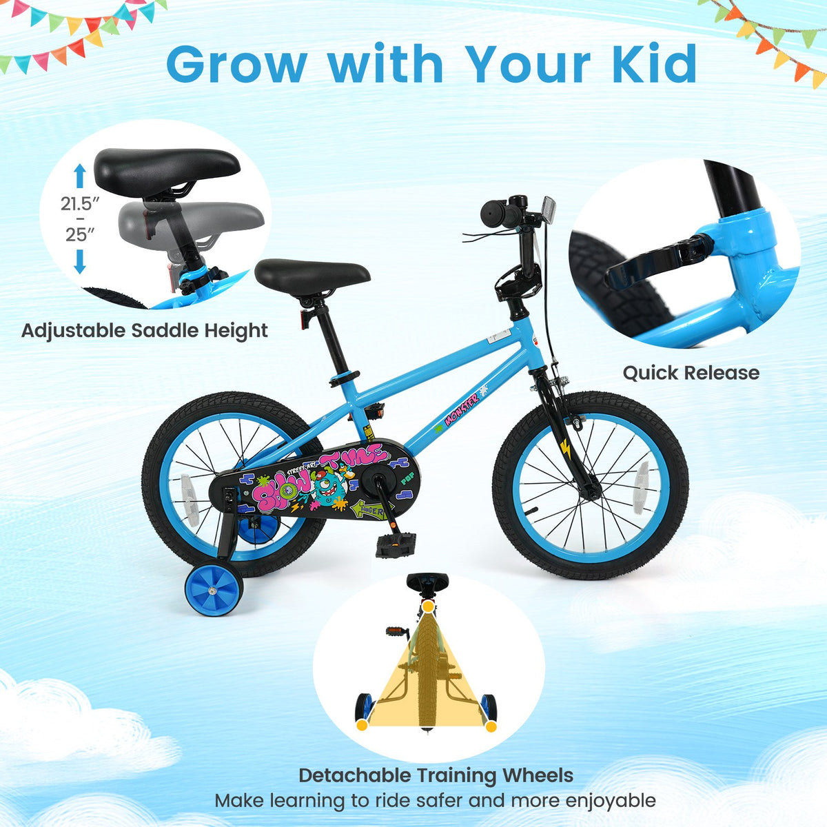 16 Inch Kids Bike with Training Wheels for Ages 4-7 Years Old Blue- Street Art Time view 6
