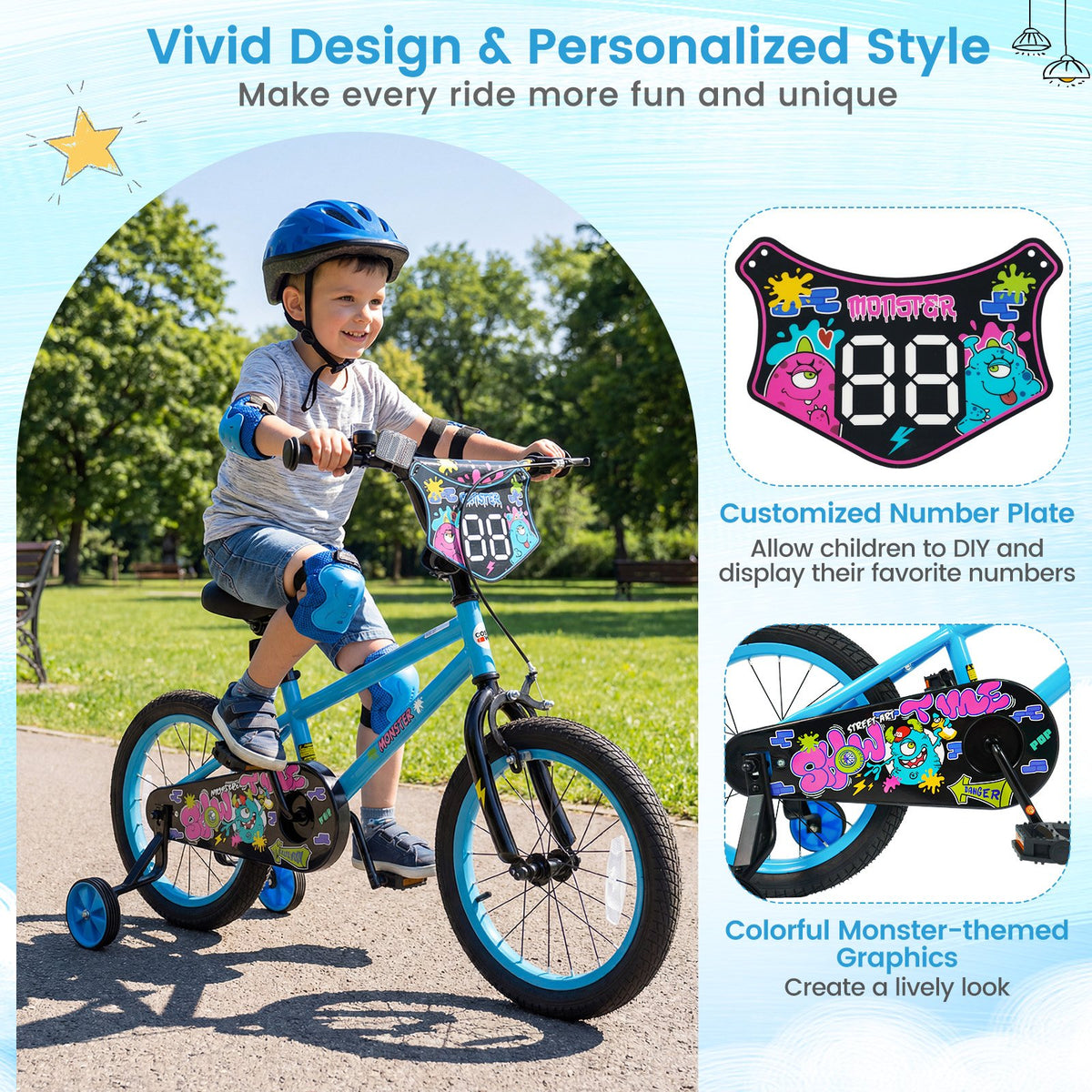 16 Inch Kids Bike with Training Wheels for Ages 4-7 Years Old Blue- Street Art Time view 8