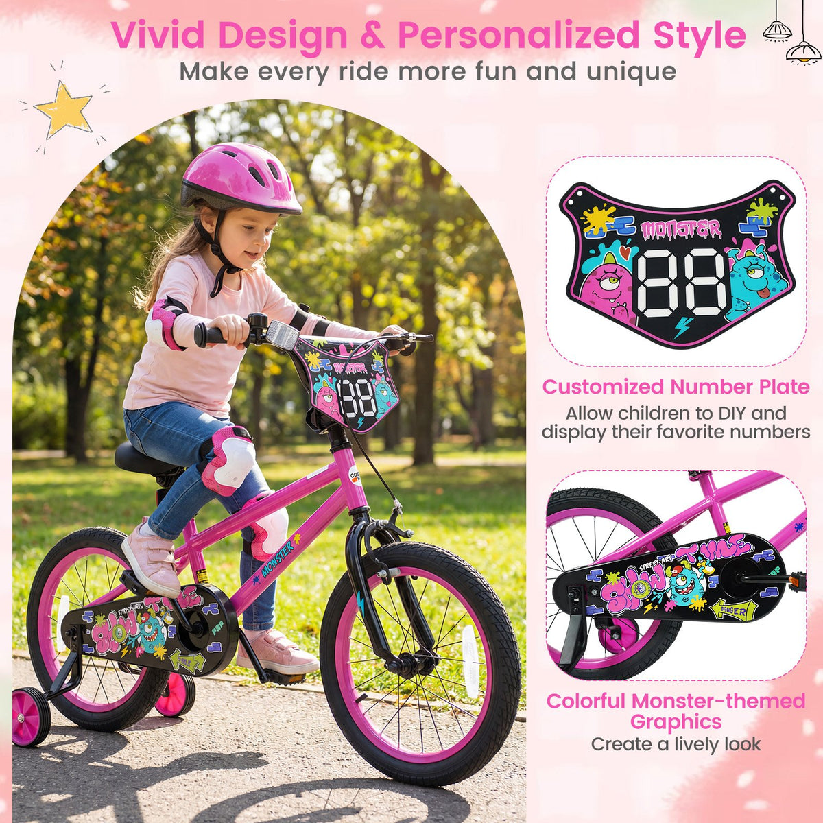16 Inch Kids Bike with Training Wheels for Ages 4-7 Years Old Pink- Street Art Time view 8