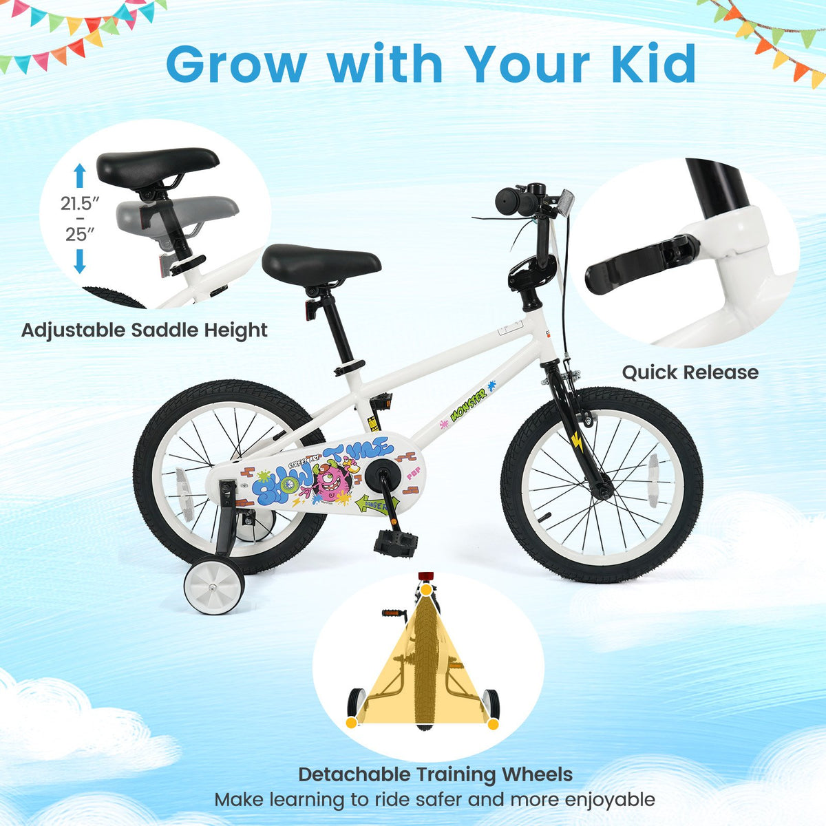 16 Inch Kids Bike with Training Wheels for Ages 4-7 Years Old White- Street Art Time view 6