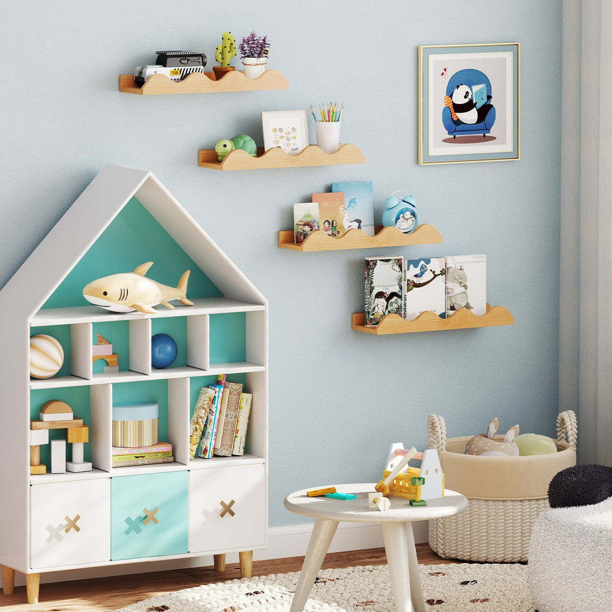 16 Inch Kids Bookshelf Set of 4 Floating Nursery Book Shelves for Decoration Book Toy Storage-Natural view 3