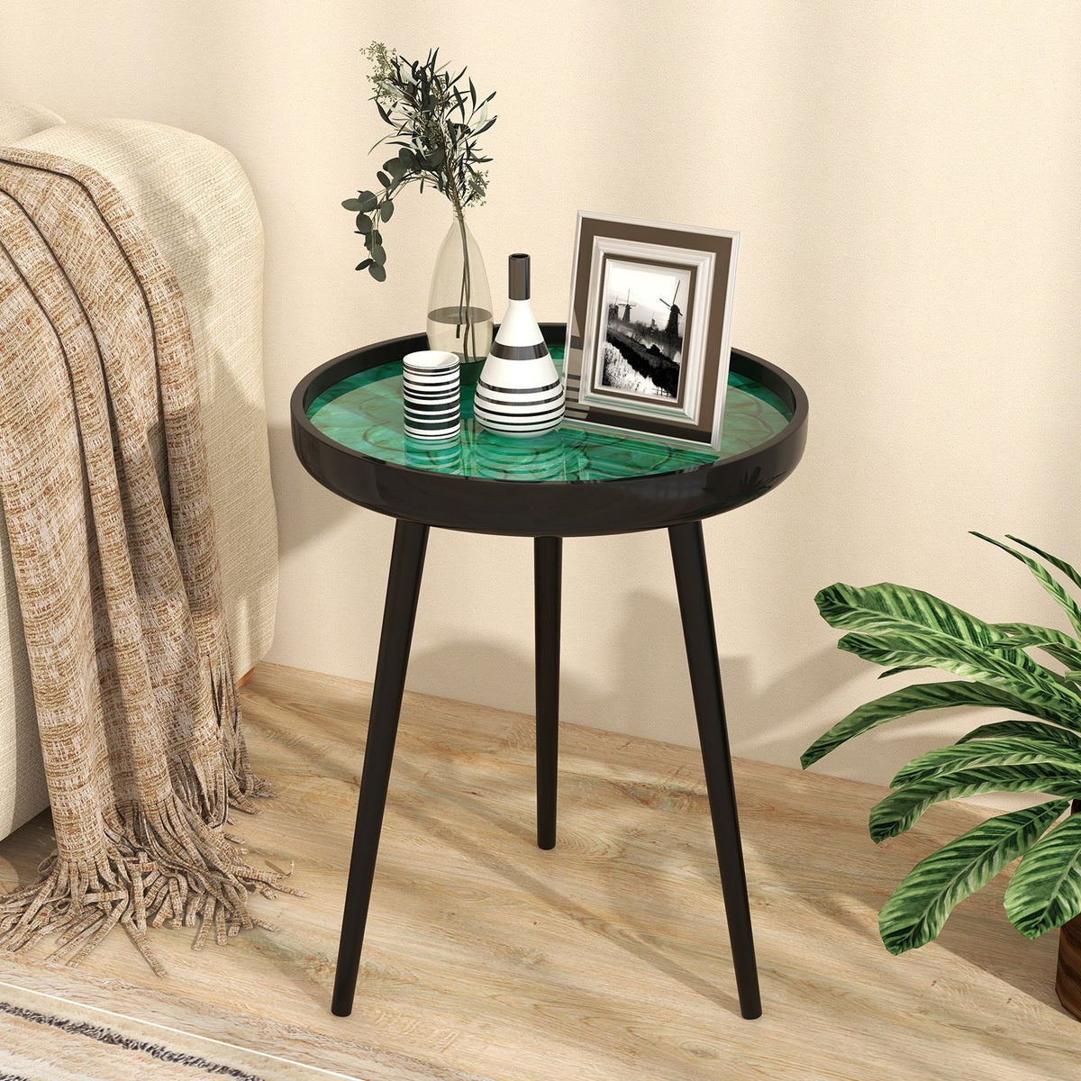 16 Inch Mid-century Modern Coffee End Table with Sea Shell Decoration-Green view 2