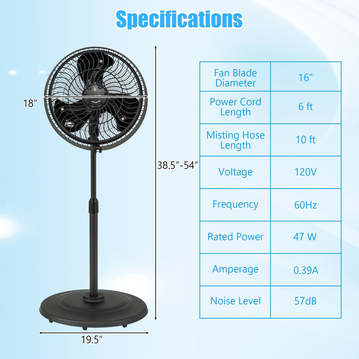 16 Inch Outdoor Misting Fan Oscillating Pedestal Fan with 3 Mist Levels-Black view 5