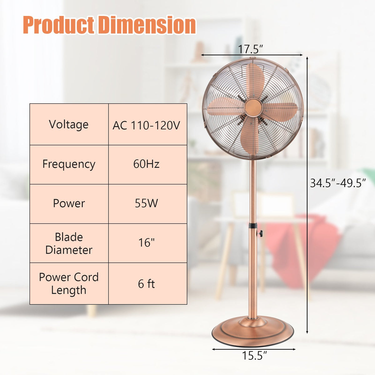 16 Inch Pedestal Standing Fan Oscillating Pedestal Fan with 3 Speeds and Adjustable Height-Copper view 4