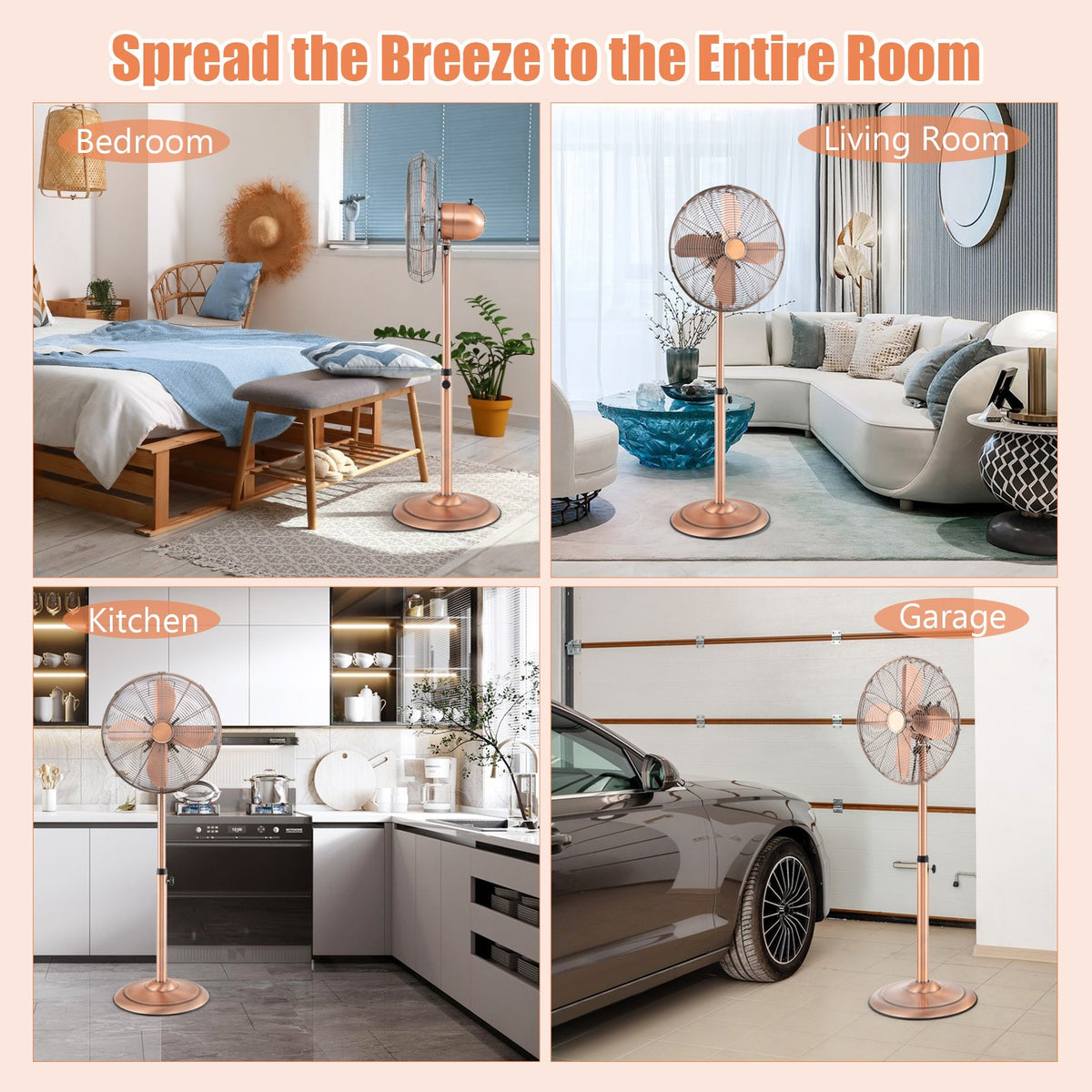 16 Inch Pedestal Standing Fan Oscillating Pedestal Fan with 3 Speeds and Adjustable Height-Copper view 5
