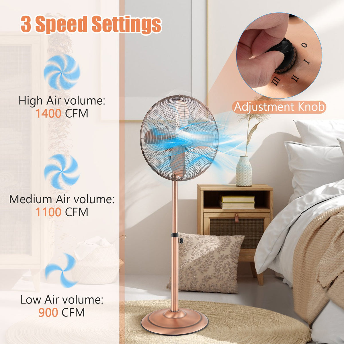 16 Inch Pedestal Standing Fan Oscillating Pedestal Fan with 3 Speeds and Adjustable Height-Copper view 6