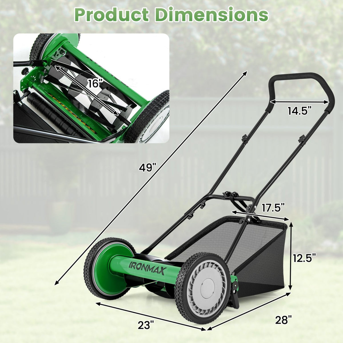 16 Inch Push Lawn Mower with 5 Steel Blades and Grass Catcher Bag-Green view 3