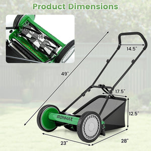 16 Inch Push Lawn Mower with 5 Steel Blades and Grass Catcher Bag-Green view 3