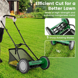 16 Inch Push Lawn Mower with 5 Steel Blades and Grass Catcher Bag-Green view 5