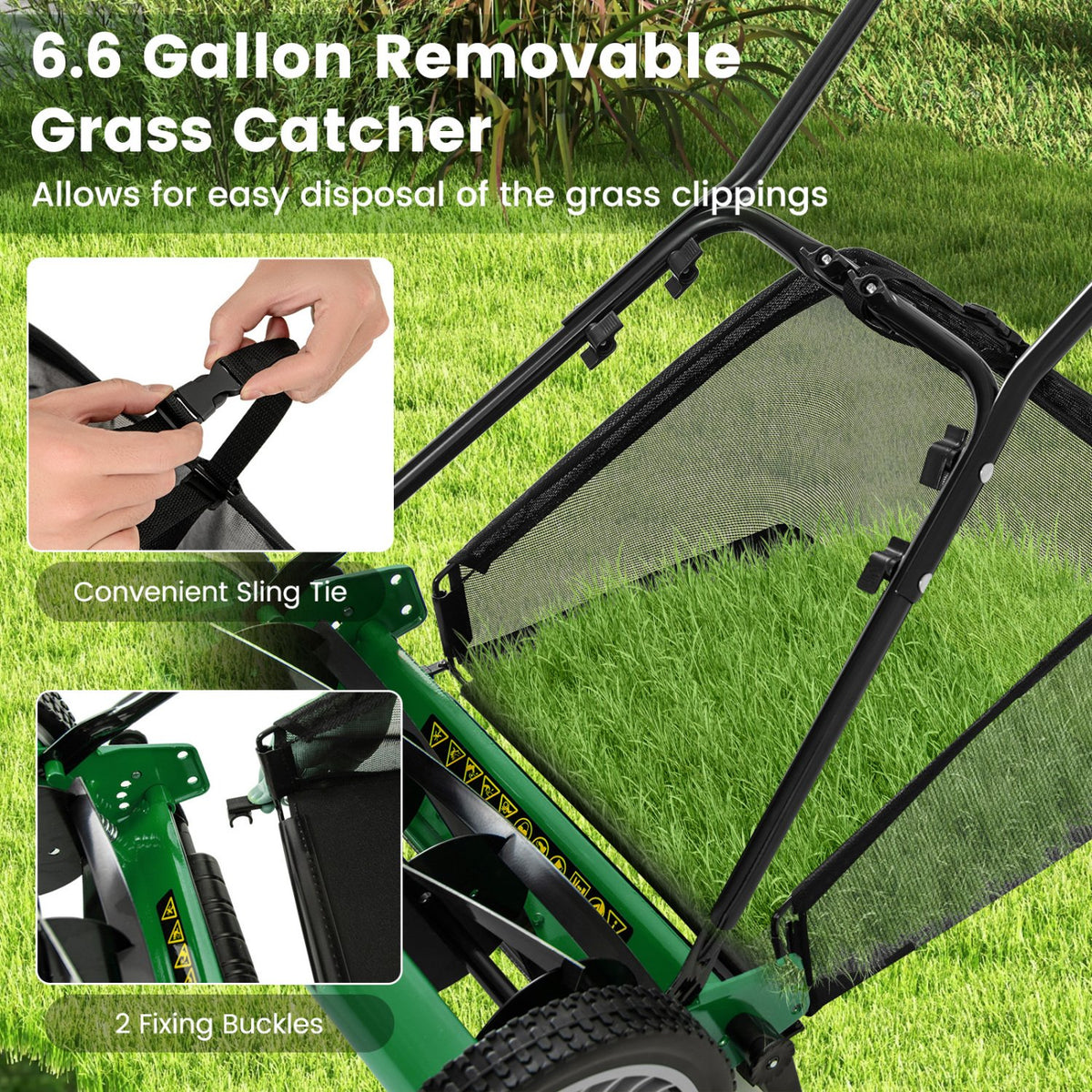 16 Inch Push Lawn Mower with 5 Steel Blades and Grass Catcher Bag-Green view 6