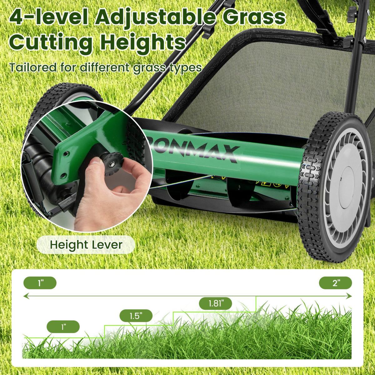 16 Inch Push Lawn Mower with 5 Steel Blades and Grass Catcher Bag-Green view 7