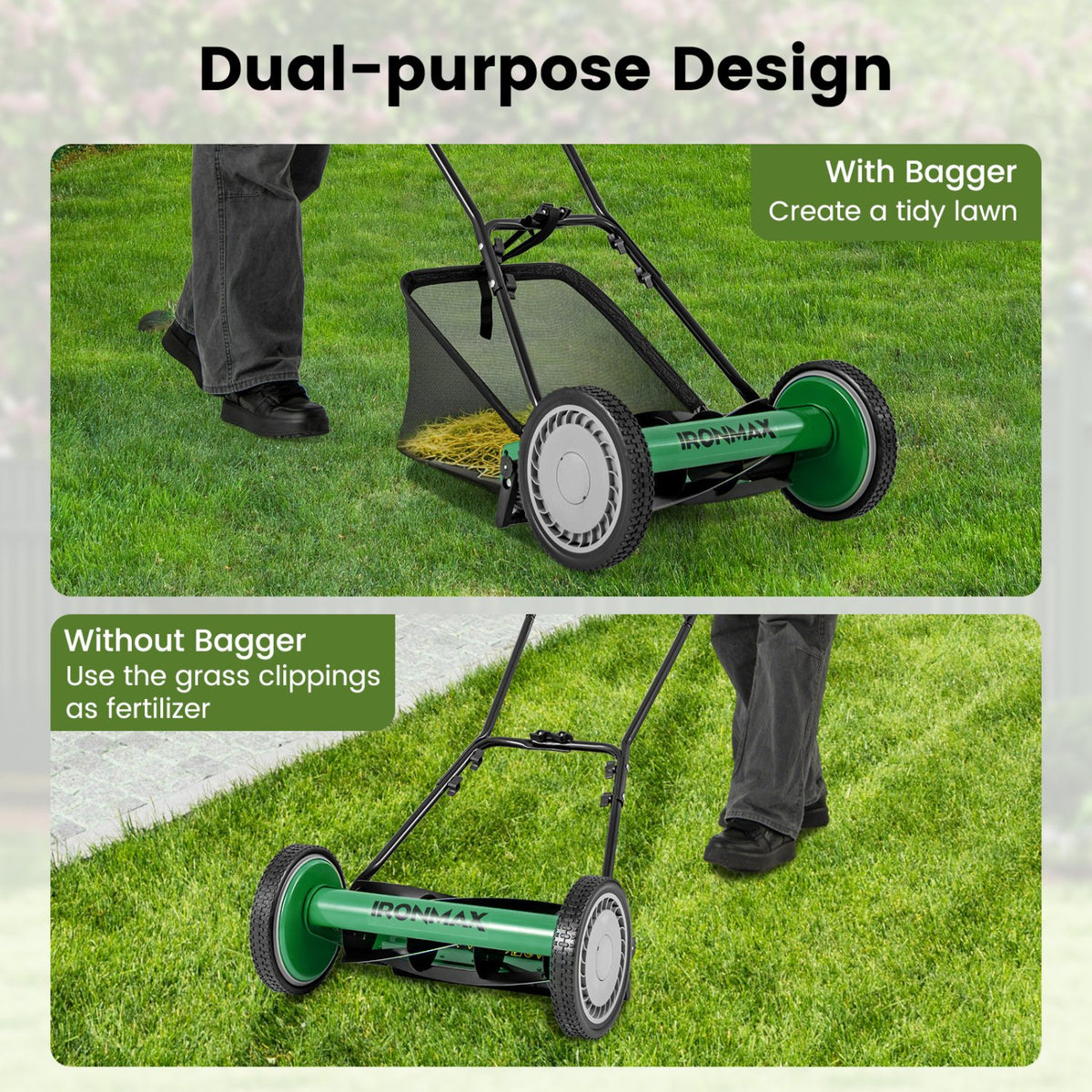 16 Inch Push Lawn Mower with 5 Steel Blades and Grass Catcher Bag-Green view 9