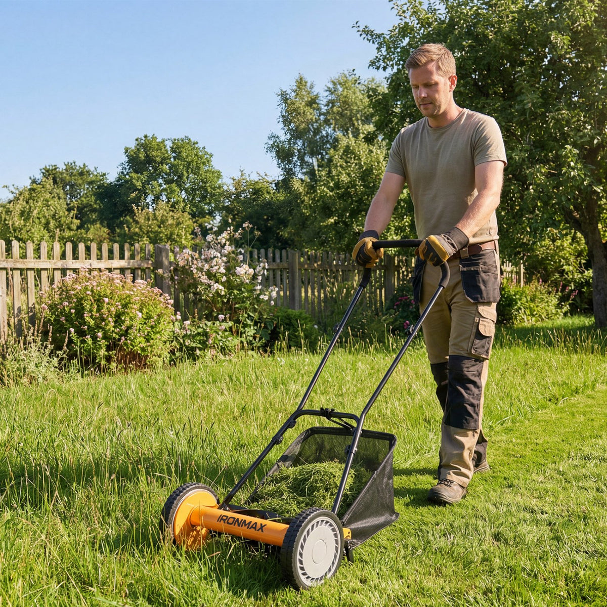 16 Inch Push Lawn Mower with 5 Steel Blades and Grass Catcher Bag-Orange view 2