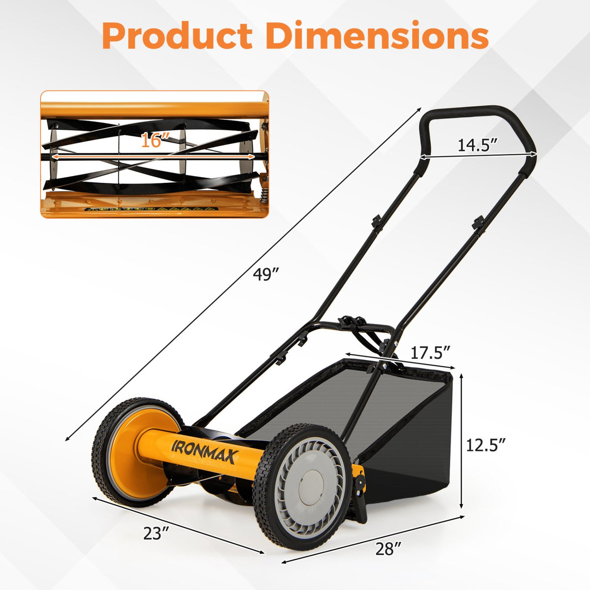 16 Inch Push Lawn Mower with 5 Steel Blades and Grass Catcher Bag-Orange view 3