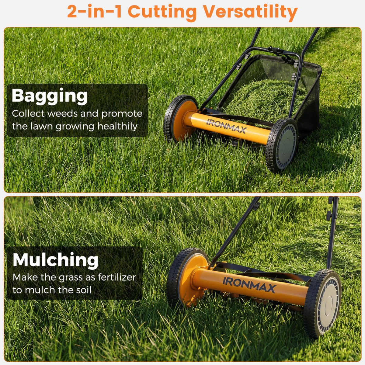 16 Inch Push Lawn Mower with 5 Steel Blades and Grass Catcher Bag-Orange view 5