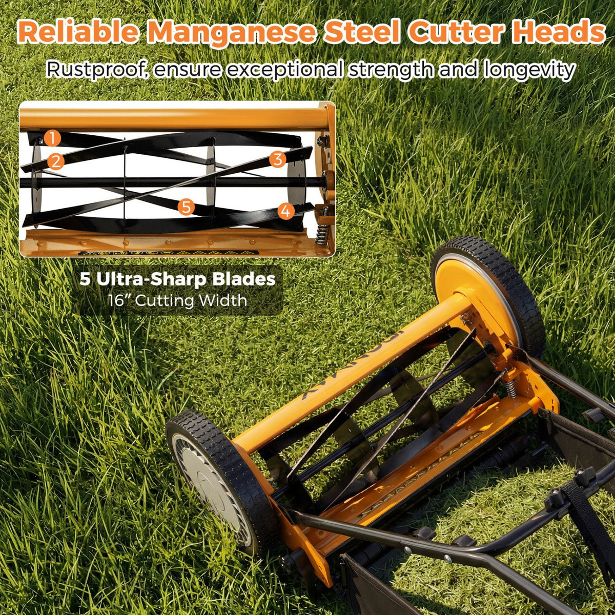 16 Inch Push Lawn Mower with 5 Steel Blades and Grass Catcher Bag-Orange view 6