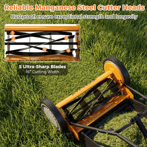 16 Inch Push Lawn Mower with 5 Steel Blades and Grass Catcher Bag-Orange view 6