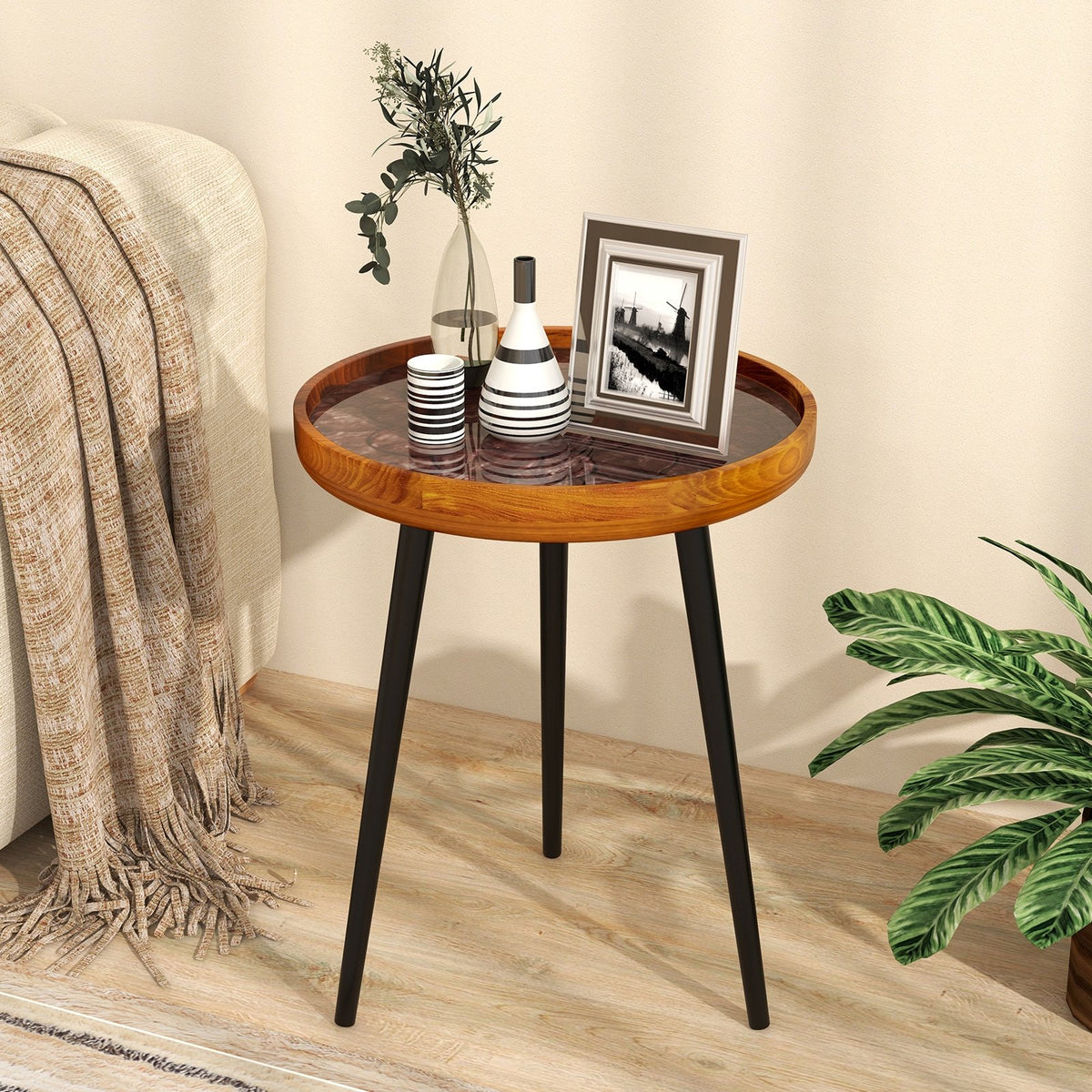 16 Inch Round End Table with Sea Shell Decoration and Epoxy Resin Finish-Brown view 2