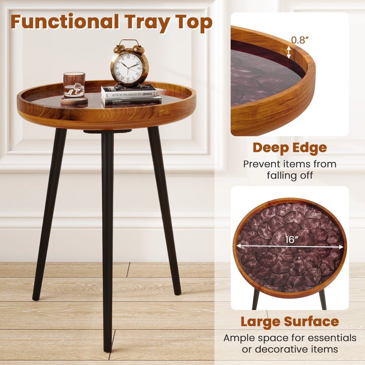 16 Inch Round End Table with Sea Shell Decoration and Epoxy Resin Finish-Brown view 8