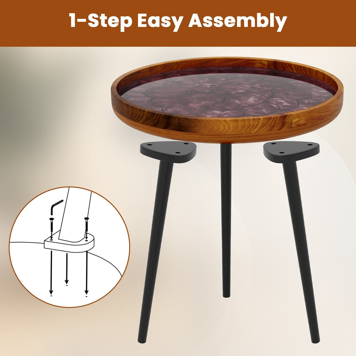 16 Inch Round End Table with Sea Shell Decoration and Epoxy Resin Finish-Brown view 9
