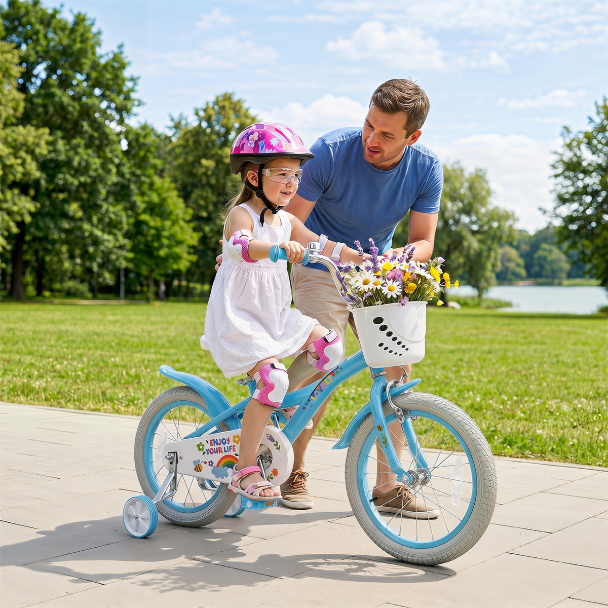 16 Inches Girls Bike for 4-7 Years Old with Training Wheels and Basket Spring Party Blue view 3