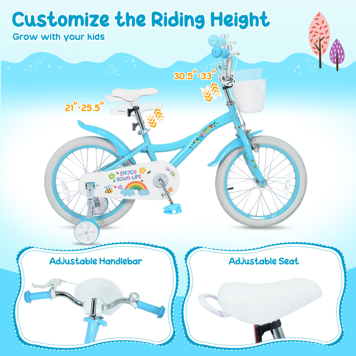 16 Inches Girls Bike for 4-7 Years Old with Training Wheels and Basket Spring Party Blue view 6
