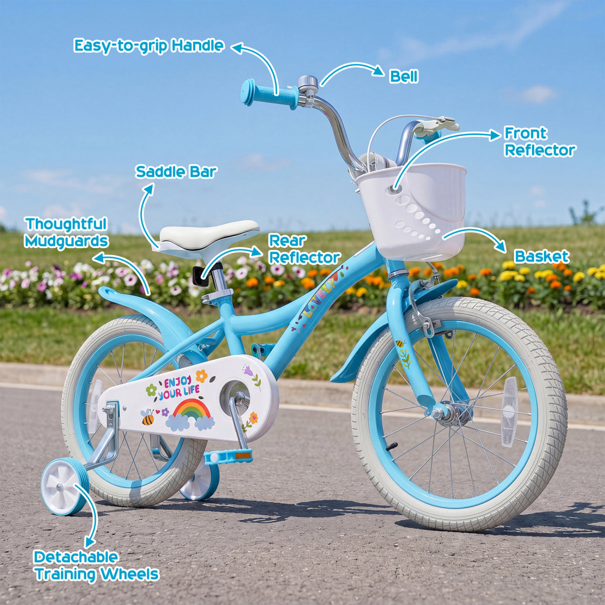 16 Inches Girls Bike for 4-7 Years Old with Training Wheels and Basket Spring Party Blue view 7