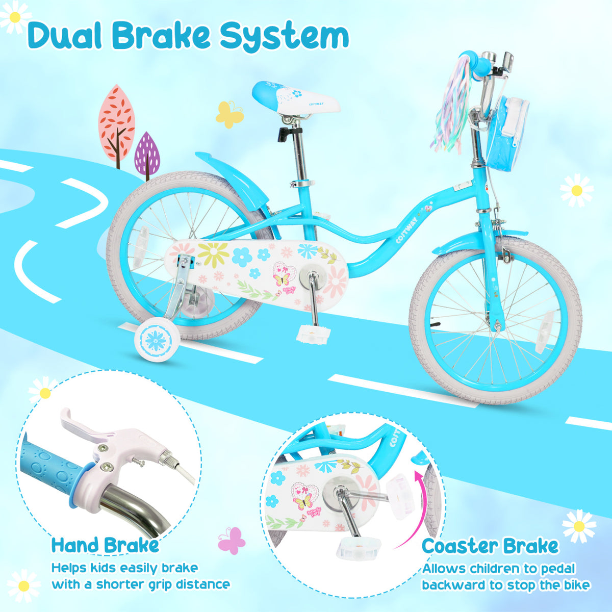 16 Inches Girls Bike with Front Bag and Streamers for 4-7 Years Blue view 7