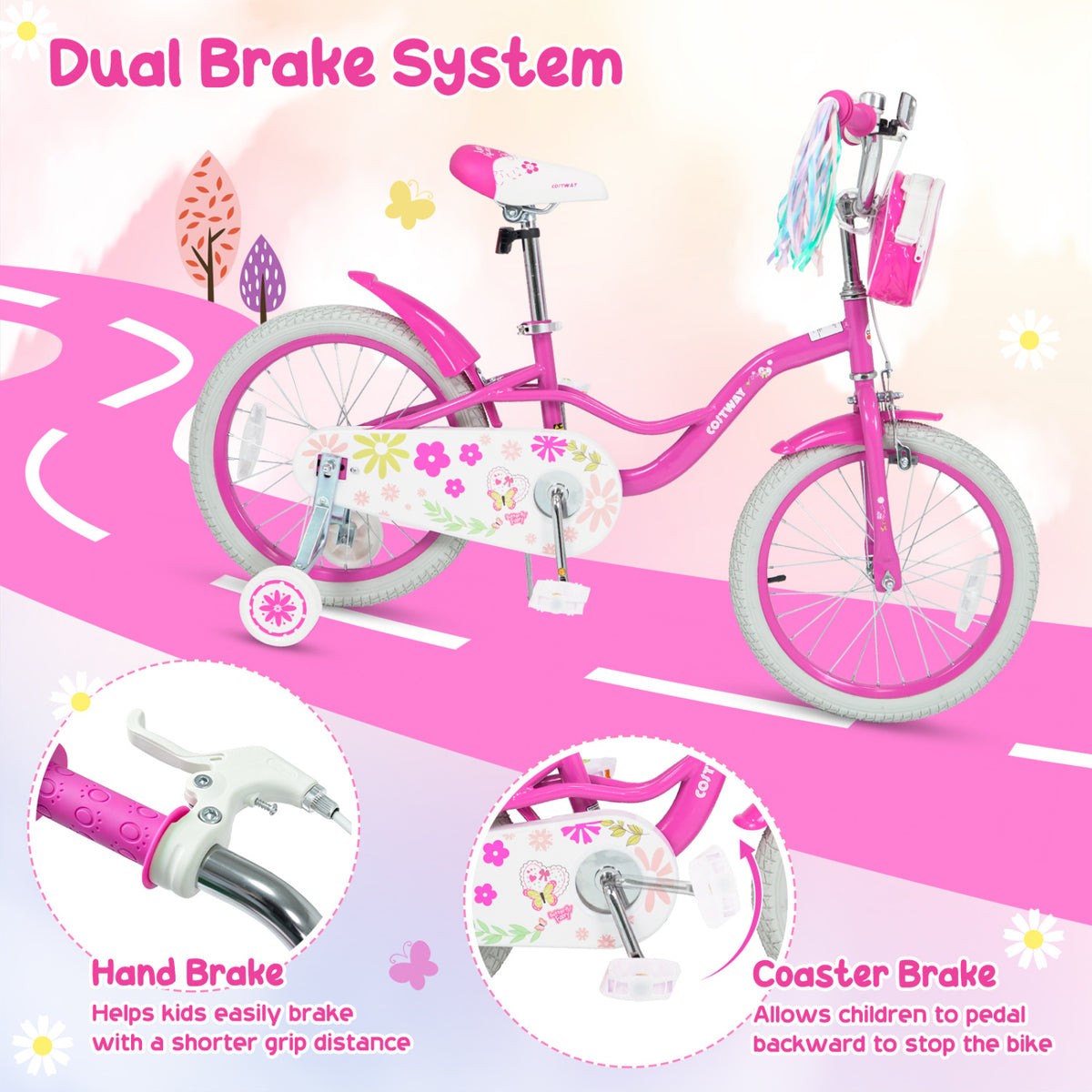 16 Inches Girls Bike with Front Bag and Streamers for 4-7 Years Pink view 8