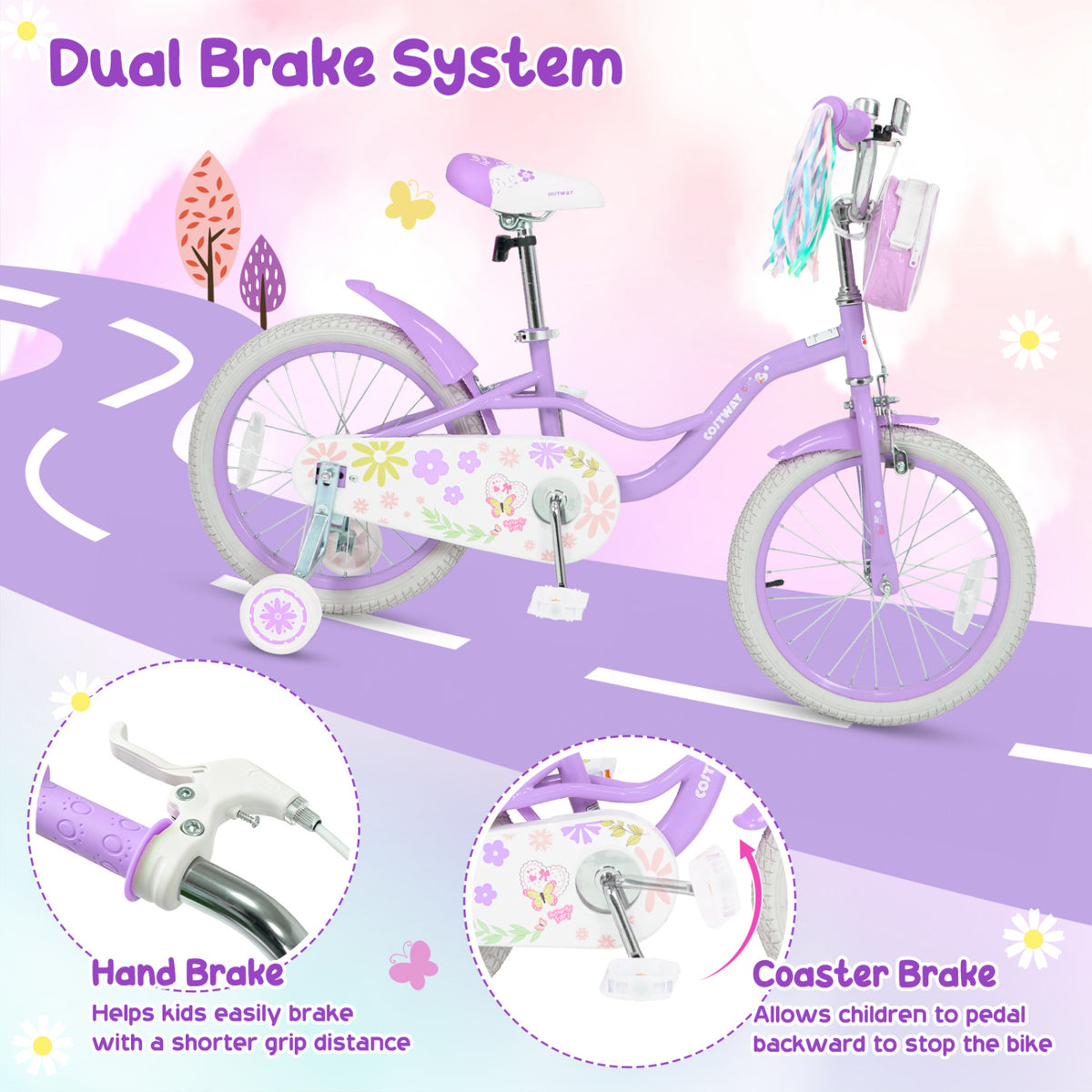 16 Inches Girls Bike with Front Bag and Streamers for 4-7 Years Purple view 7