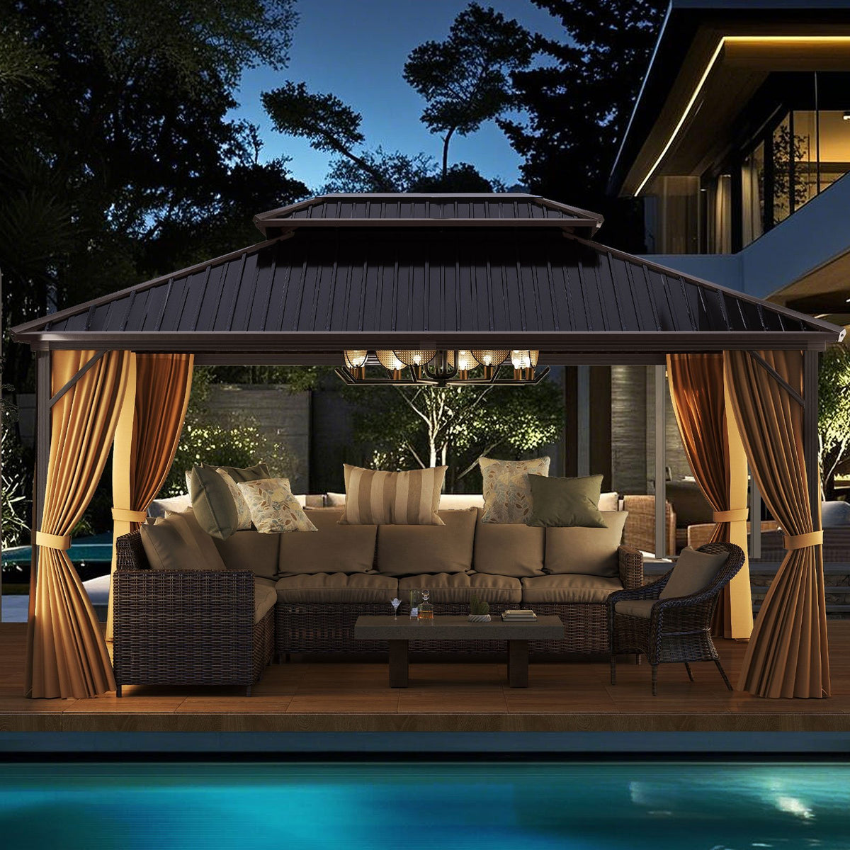 16 x 12 Feet Hardtop Gazebo Aluminum Frame Permanent Pavilion with Curtains and Netting-Coffee view 2