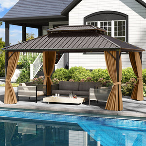 16 x 12 Feet Hardtop Gazebo Aluminum Frame Permanent Pavilion with Curtains and Netting-Coffee view 3