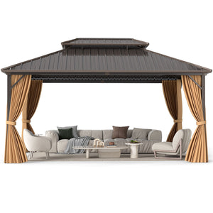 16 x 12 Feet Hardtop Gazebo Aluminum Frame Permanent Pavilion with Curtains and Netting-Coffee view 4